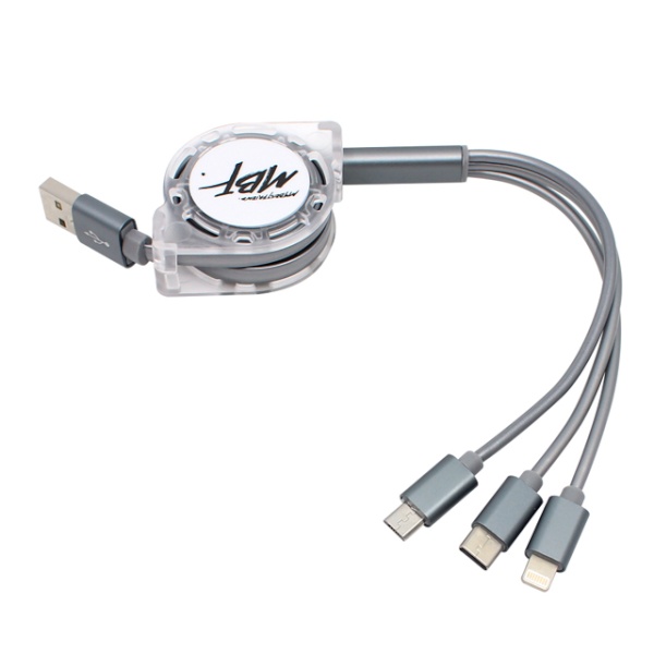 USB-A 2.0 to 3in1 충전케이블 릴케이블 그레이/1m